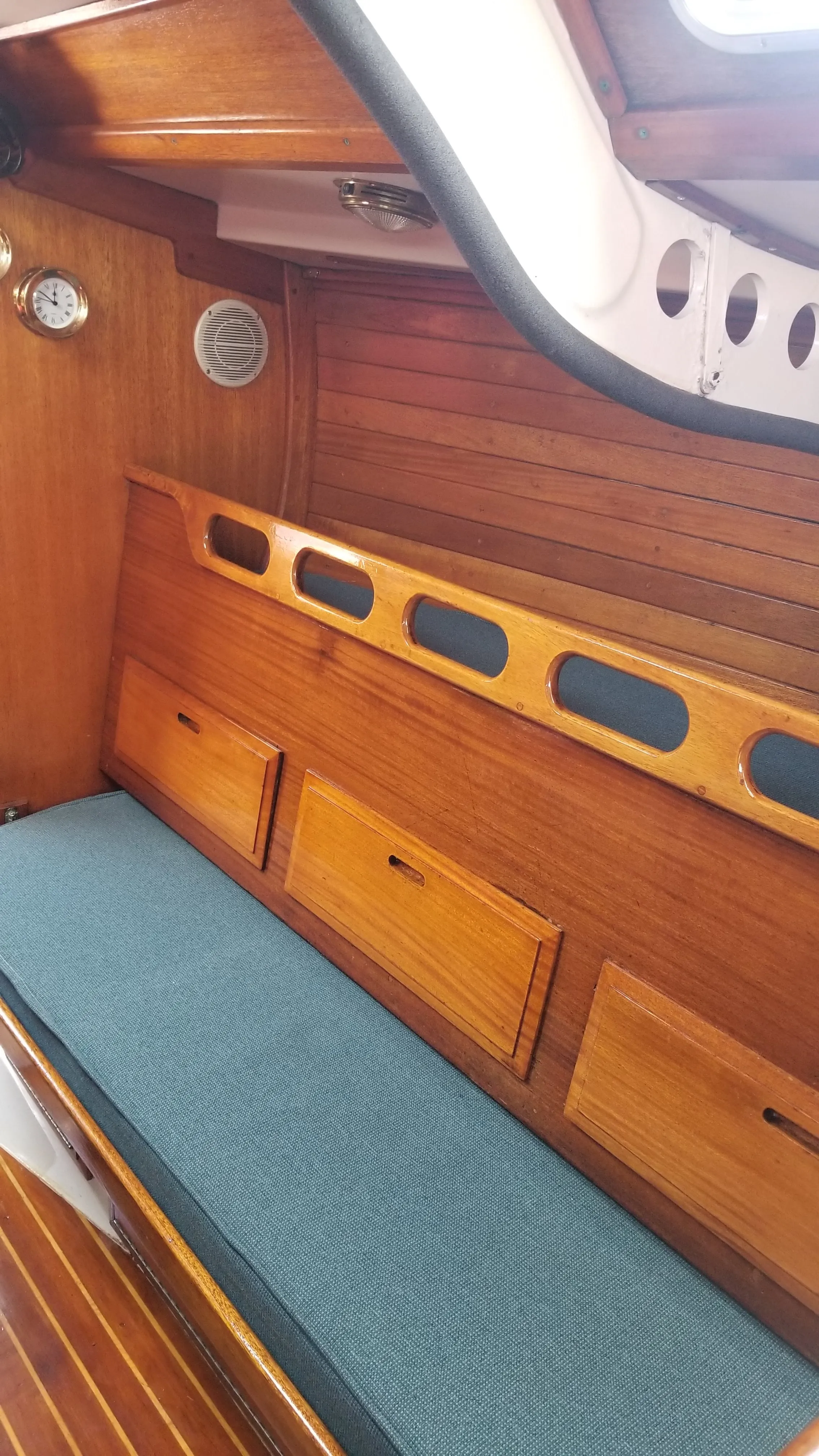 Salon view toward the forward bulkhead and interior joinery