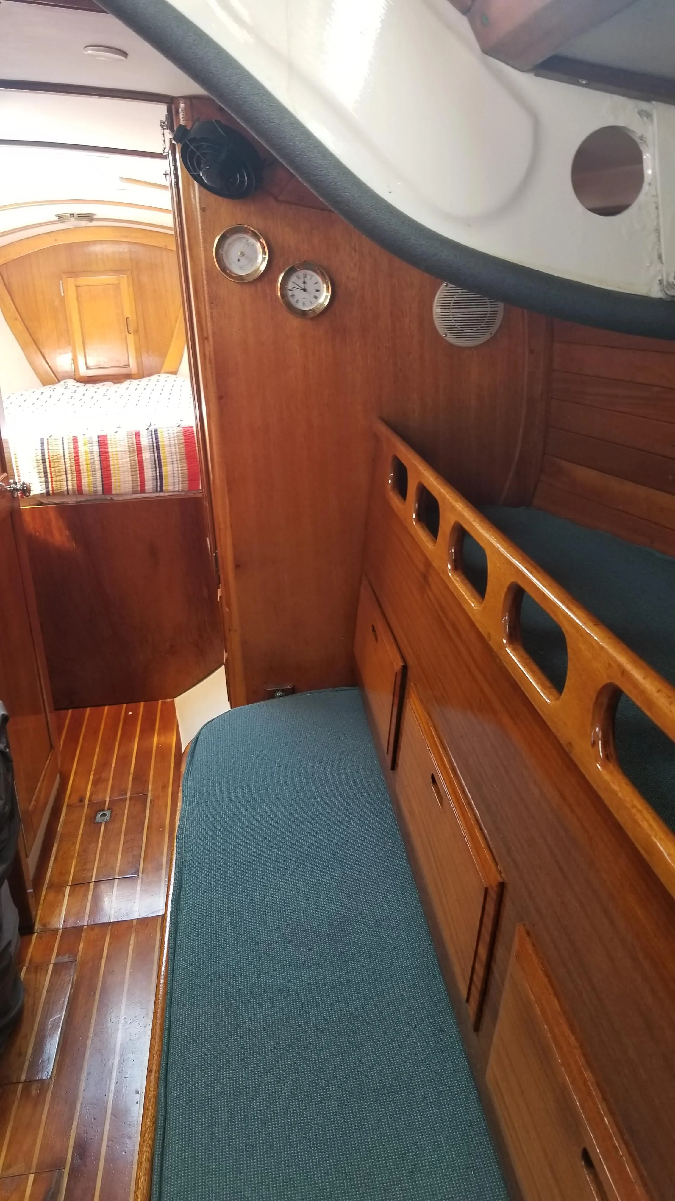 Interior cabin trim, handrails, and cabinetry detail