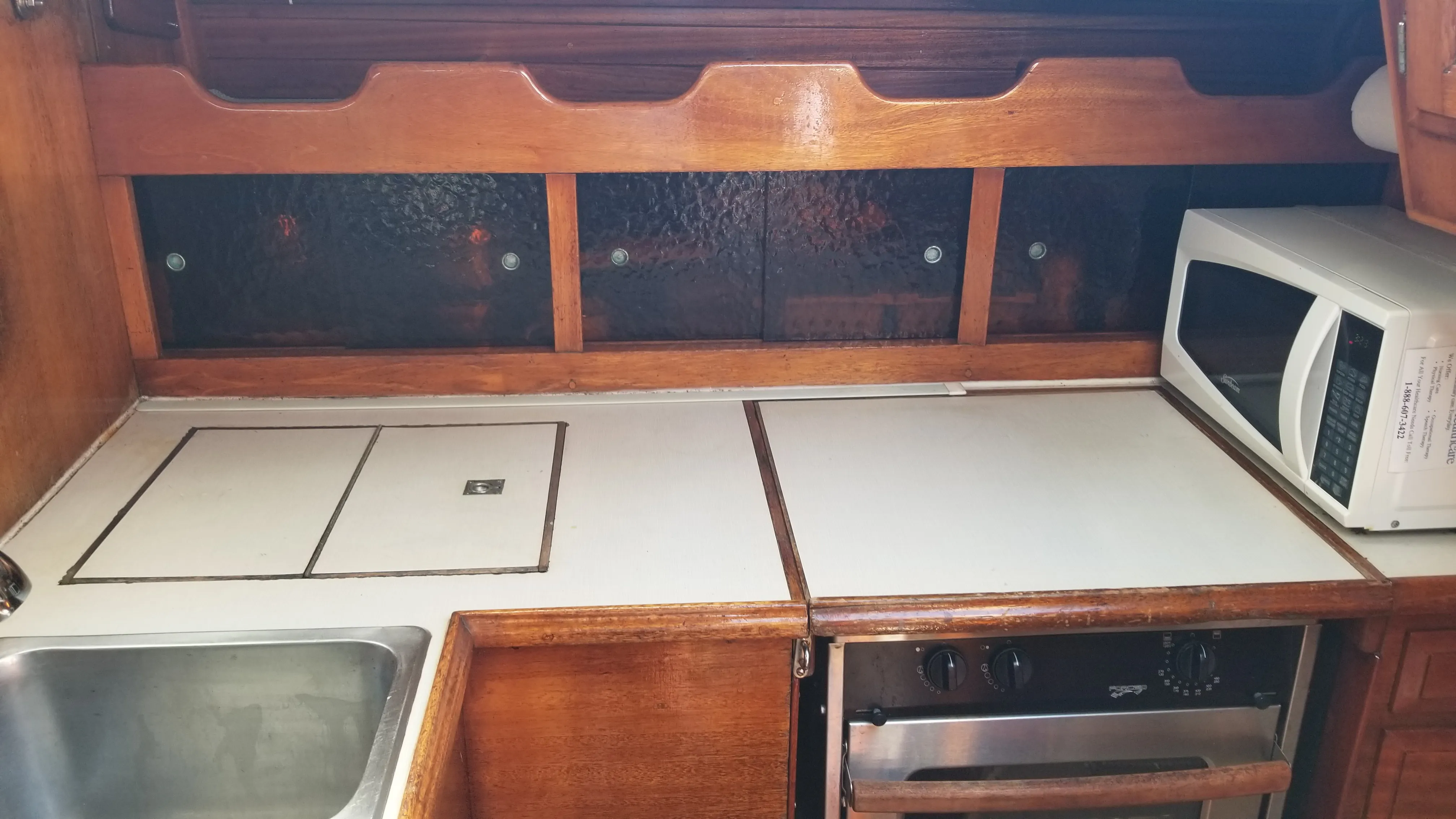 Galley from the saloon, showing traffic flow and layout